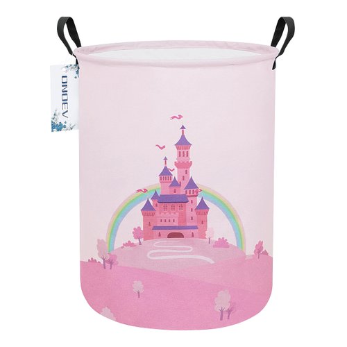 ONOEV Round waterproof laundry basket,foldable storage basket,laundry Hampers with handle,gift basket,suitable for children's room and toy storage (Pink Castle)