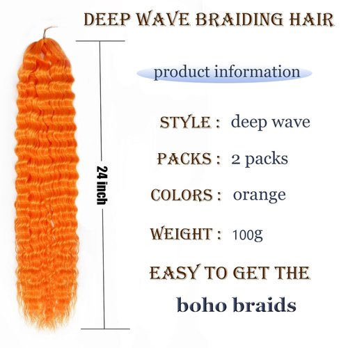 Ocean Wave Crochet Hair 24 Inch 2 Packs Deep Wave Curly Braiding Hair Extensions Synthetic Curly Crochet Hair For Black Women (Orange)