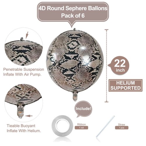 6 Pack Giant 22 Inch 4D Animal Snake Pattern Sphere Foil Balloons Helium Jungle Safari Serpent Animals Metallic Balloons Wildlife Print Balloons for Animal Birthday Theme Backdrop Kids Party