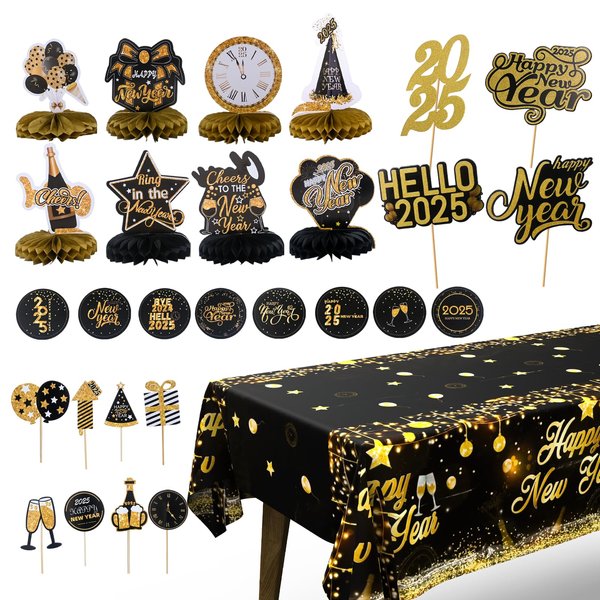LOLStar New Years Eve Party Supplies 2025, 45pcs Happy New Year Decorations Honeycomb Centerpieces Double Sided Sticks Cupcake Toppers Stickers Tablecloth, Black Gold Eve Party Favors Accessories Kit