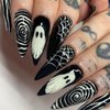 Halloween Horror Ghost Press on Nails Long Pointed Fake Nails Black White Stripe Spider Web Halloween Nail Art Designs Full Cover Glue on Nails Glossy Reusable Artificial False Nails for Women 24Pcs