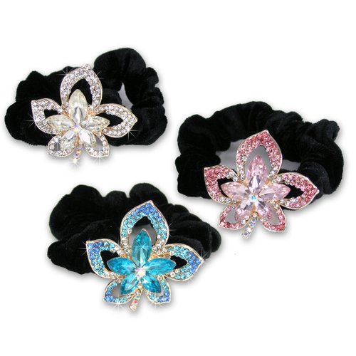 Jeweled Flower Black Elastic Hair Tie Scrunchies - Set of 3-1 has Clear, 1 has Pink & 1 has Blue Crystal Rhinestone Jewels - Long Hair Accessories