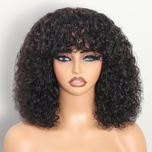 REMESSE Short Curly Human Hair Wigs Short Curly Bob Wig Human Hair With Bangs For Women Glueless 250% Density Short Water Wave Human Hair Wig With Bangs Natural Black 12Inch