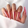 Chrome Press on Nails Pink Fake Nails Long Ballerina Glossy Laser Coffin False Nails Holographic Pink Mirror Metallic Glue on Nails for Women Girls Artificial Acrylic Manicure Nail Decoration 24pcs