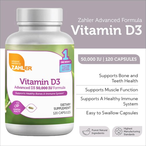 Zahler - Advanced Vitamin D3 50000 IU Softgels (120 Count) Kosher Vegetarian Friendly Vitamin D for Immune Support, Bone, Teeth & Muscle Health - Weekly D3 Vitamin Supplement- Easy Swallow VIT D 3