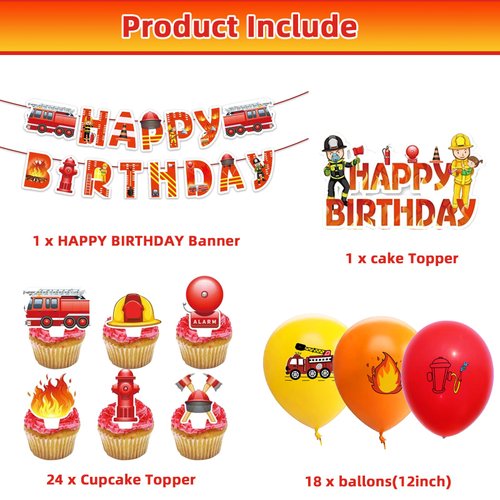 44PCS Fire Truck Birthday Decorations,Firetruck Theme Birthday Party Supplies Include Fireman Happy Birthday Banner Balloon Firetruck Cake&Cupcake Toppers,Firefighter Party Decorations Favors Supplies