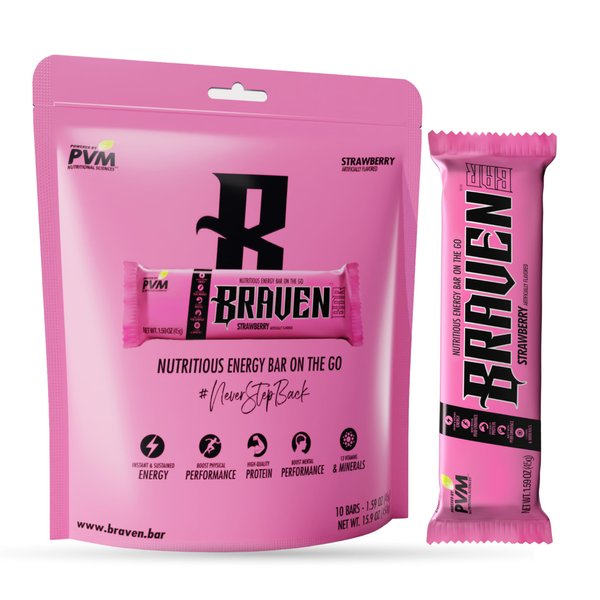 BRAVEN Bars Strawberry, Delicious Taffy-Like Energy Bar, Sustained Energy Boost, Quality Protein & Balanced Nutrition for On-the-Go. Gluten Free. (1.59 oz, Pack of 10)