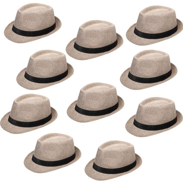 10 Pack 1920s Short Brim Fedora Classic Panama Cap Panama Hat Summer Hat Mens Summer Hats with Brim Mens Straw Fedora for Men Women Party Costume, Circumference 60 cm (Beige)