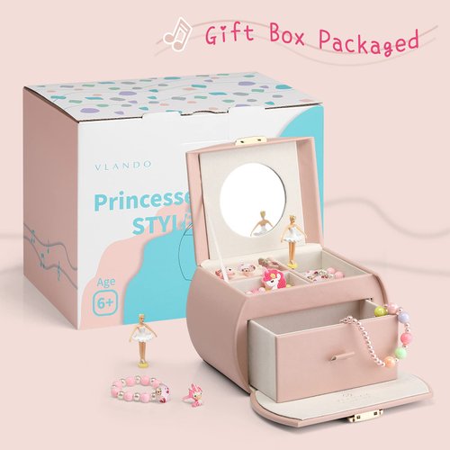 Vlando Kids Musical Jewelry Box for Girls with Drawer, Music Box with Ballerina and Stickers for Birthday Bedroom Decor, Gifts for Girls Kids - Pink