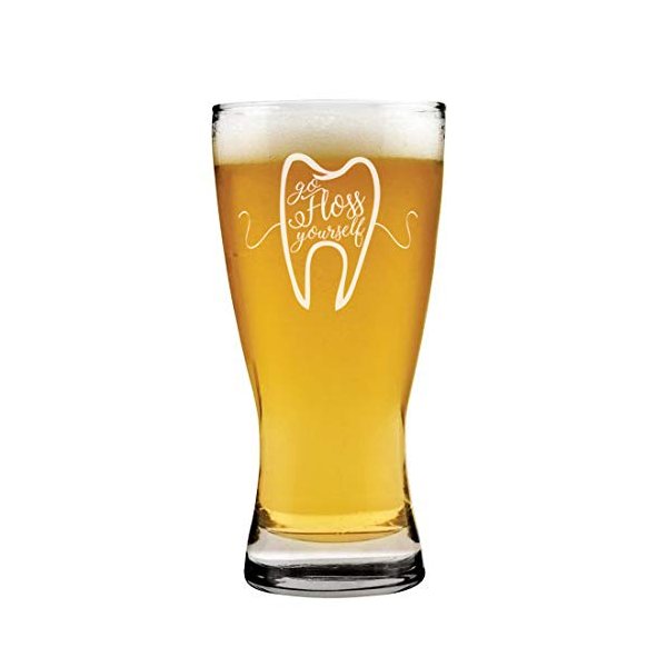 MIP Brand 15 oz Beer Pilsner Glass Go Floss Yourself Dentist Dental Hygienist
