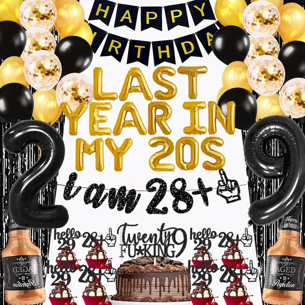29th Birthday Decorations Party Supplies for Men Last Year in My 20s Balloons I AM 28+1 Glitter Banner 29th Birthday Foil Balloons Whiskey Balloon Cake Topper Cupcake Toppers