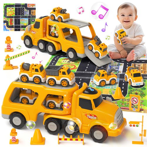 newcrave Toddler Toys for 2 3 4 5 Year Old Boys, 8 in 1 Construction Trucks Vehicle Playset with Play Mat, Construction Truck Toddler Toys Car for 1 2 3 4 5 Year Old Boys Birthday Gifts