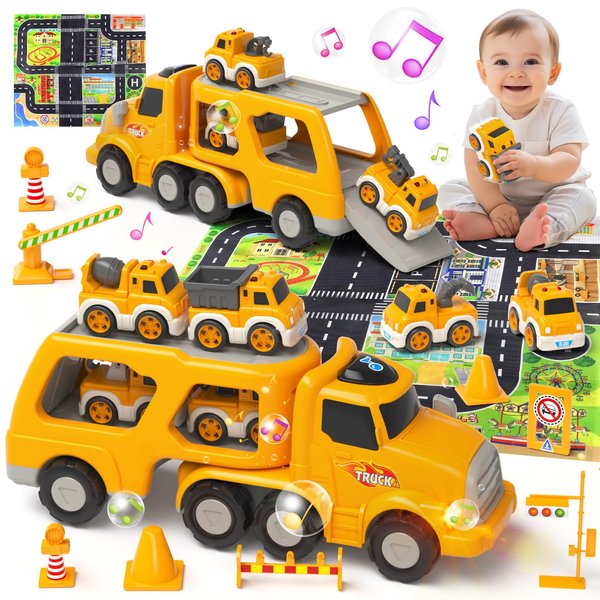 newcrave Toddler Toys for 2 3 4 5 Year Old Boys, 8 in 1 Construction Trucks Vehicle Playset with Play Mat, Construction Truck Toddler Toys Car for 1 2 3 4 5 Year Old Boys Birthday Gifts