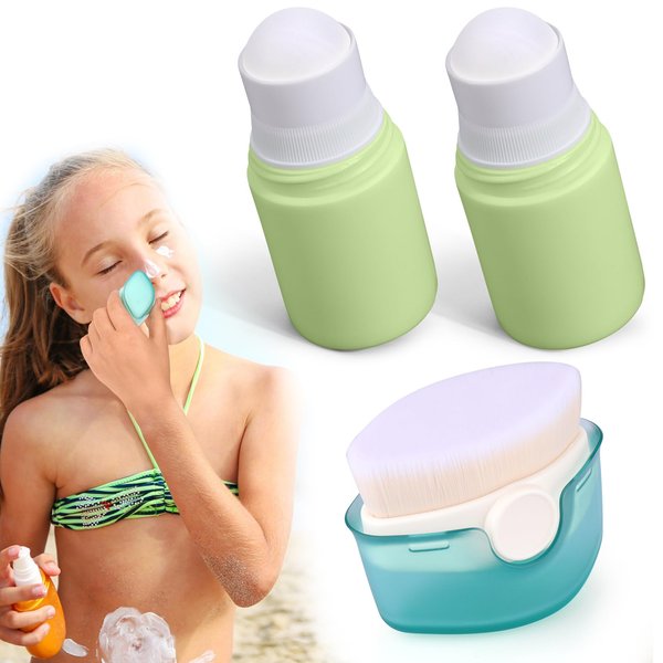BSRESIN 3 PCS Sunscreen Applicator for Kids, Soft Sunblock Brush + 2 PCS Empty Roller Ball Container for Sunscreen Lotion, Sunscreen Applicators for Family Travel
