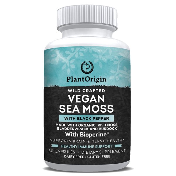 PLANTORIGIN Organic Vegan Wildcrafted Sea Moss | Prebiotic Superfood Blend| Bladderwrack & Burdock Root| Immune Thyroid & Digestive Health| Healthy Skin Keto Detox| 60 Capsules