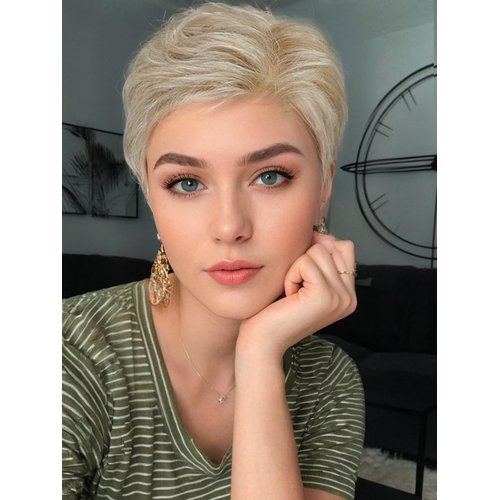 DWY Pixie Cut Blonde Wigs for Women Short Lace Front Wig Monofilament Wigs with Fluffy Bangs Natural Looking Futura Fiber Heat Friendly (Light Beige Blonde 8inch)