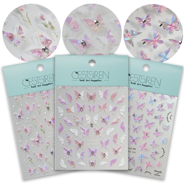 CESTSIREN Pink Butterfly Nail Art Stickers Rhinestones Aurora Nail Decals for Nail Art Design Self-Adhesive Nail Accessories for Women Nail Art Supplies 3 Sheets