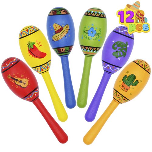 JOYIN 12 Mini Wooden Fiesta Maracas 6 Designs Noisemaker for Mexican Fiesta, Cinco De Mayo Party Favors, Musical Fun, Birthday Parties, Luau Party, Carnivals, Taco Tuesday Event