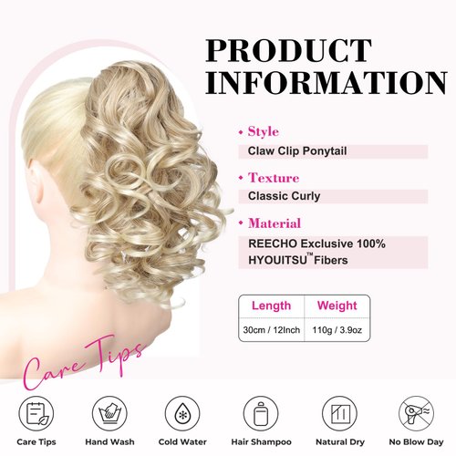 REECHO 12" Ponytail Extension, Classic Loose Curly Wavy Claw Clip Pony tails Hair Extensions Hairpieces for Women - Dark Blonde with Light Ends