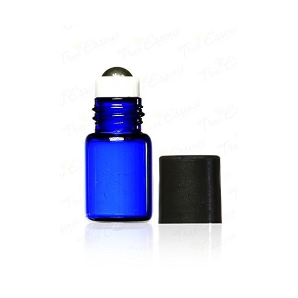 True Essence 2 ml, (5/8 Dram) Cobalt Blue Glass Micro Mini Roll-on Glass Bottles with Metal Roller Balls - Refillable Aromatherapy Essential Oil Roll On (144)