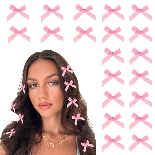COMNICO 20PCS Bow Hair Clips Mini Bowknot Metal Barrettes Hair Accessories Twist Tie Silky Satin Hair Ribbon Cute Non-slip Hairpins for Women Girls Teens Kids (Pink)