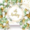 Sage Green Baby Shower Decoration Gender Neutral Baby Shower Decoration with Oh Baby Backdrop Banner,Sage Green Gold Balloon Garland Kit for Eucalyptus Leaf Woodland Baby Boy Girl Party Supplies