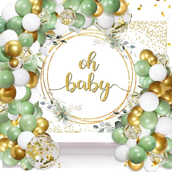 Sage Green Baby Shower Decoration Gender Neutral Baby Shower Decoration with Oh Baby Backdrop Banner,Sage Green Gold Balloon Garland Kit for Eucalyptus Leaf Woodland Baby Boy Girl Party Supplies