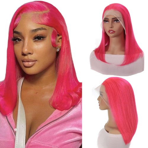 Bob Wig Human Hair, Hot Pink Human Hair Lace Front Wigs 14 Inch 13x4 HD Lace Front Wigs Human Hair Pre Plucked Glueless Lace Frontal Bob Wigs Brazilian Virgin Human Hair Wig for Women 180% Density