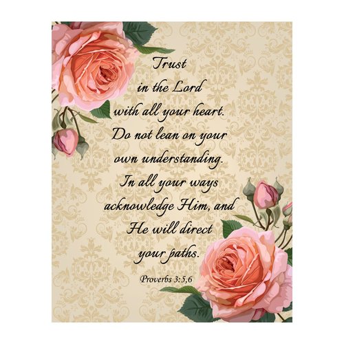 Trust in the Lord With All Your Heart - Flowers Christian Bible Verse Inspirational Wall Art, Floral Typographic Scripture Print For Home Decor, Office Decor, or Church Decor, Unframed - 8x10