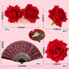 6 Pcs Women Rose Flower Hair Clip, 1Pcs Embroidered Sequins Fabric Folding Fan for Flamenco Dancer Costume Accessories Girl Halloween Cosplay Party Supplies