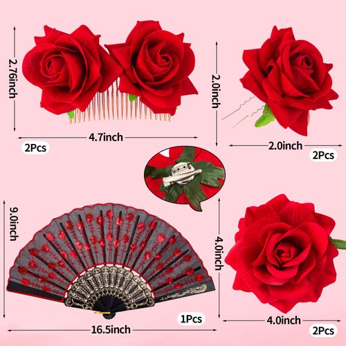6 Pcs Women Rose Flower Hair Clip, 1Pcs Embroidered Sequins Fabric Folding Fan for Flamenco Dancer Costume Accessories Girl Halloween Cosplay Party Supplies