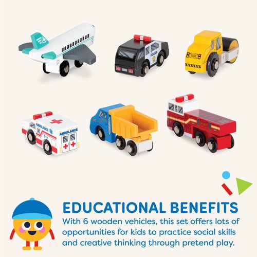 Battat – Miniature Toy Cars – 6Pcs Wooden Minis – Classic Rescue & Construction Vehicles – Steamroller, Dump Truck – 3 Years + – Wooden Vehicles Set 2