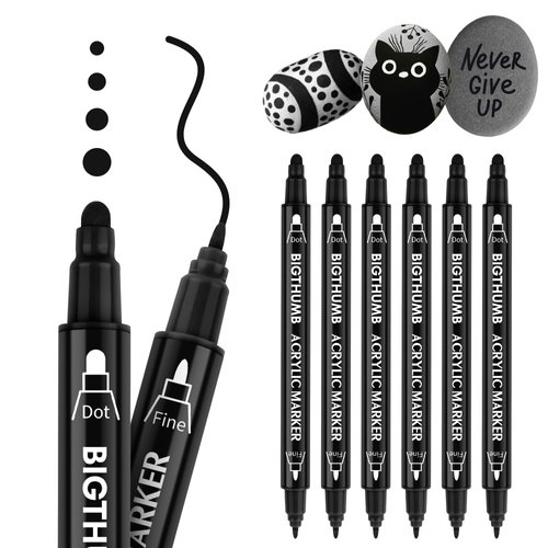 BIGTHUMB Black Paint Pen, 6 Pack Dual Tip Acrylic Paint Markers with Fine Tip and Dot Tip, for Rock Painting, Stone, Ceramic, Glass, Wood, Tire, Fabric, Metal, Canvas, White Marker Water-based