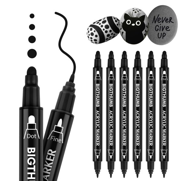 BIGTHUMB Black Paint Pen, 6 Pack Dual Tip Acrylic Paint Markers with Fine Tip and Dot Tip, for Rock Painting, Stone, Ceramic, Glass, Wood, Tire, Fabric, Metal, Canvas, White Marker Water-based