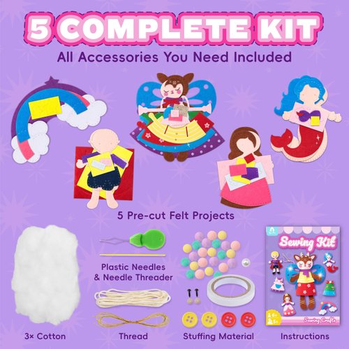 VigorFun Sewing Kit for Kids Beginner Arts and Crafts, Make DIY Projects of Fairy Tale World, Felt Sewing Craft Kits Educational Toys, Birthday Christmas Gifts for Girls Kids Age 6-7-8-10-12+