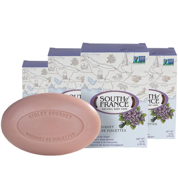 Violet Bouquet Clean Bar Soap by South of France Clean Body Care | Triple-Milled French Soap with Organic Shea Butter + Essential Oils| Vegan, Non-GMO Body Soap | 6 oz Bar – 4 Pack