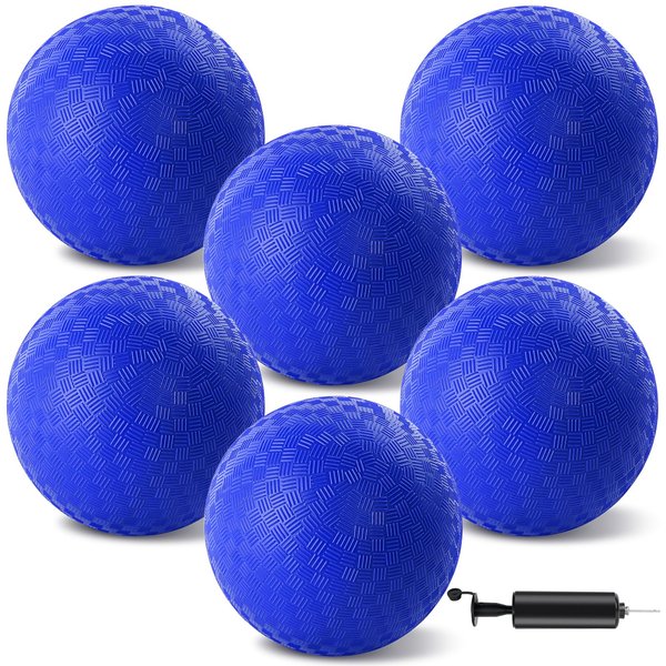 HSLCGF 6 Pcs Dodgeballs 8.5 Inch Playground Ball Blue Kickball Inflatable Rubber Handball Bouncy Dodge Ball with 1 Hand Pump for Outdoors Ball Games Gym Camps Picnic (Needle is at The Top of the Pump)