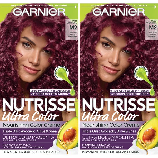 Garnier Hair Color Nutrisse Ultra Color Nourishing Creme, M2 Medium Intense Magenta (Sweet Grenadine) Permanent Hair Dye, 2 Count (Packaging May Vary)