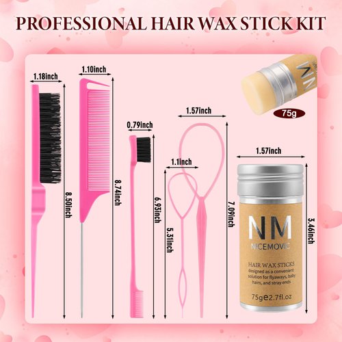 6Pcs Hair Wax Stick Set for Flyaways, Edge Brush Slick Back Hair Stick, Rat Tail Combs for Parting, Hair Braid Ponytail Maker, Slick Back Hair Brush for Smooth Baby Hair, Teasing Brush for Women(Pink)