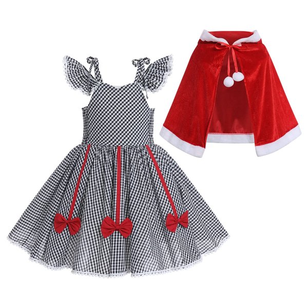 IBTOM CASTLE Little Girls Christmas Costume Mommy and Me Christmas Matching Outfit Strapless Plaid Dress with Velvet Cape Set Kids Dress Up Xmas Party Clothes Black White-Strapless 5-6 Years