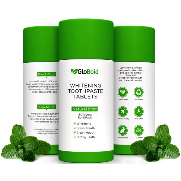 GloBoid Nano Hydroxyapatite Toothpaste Tablets 3 Month Refill, Zero Waste, Eco Friendly & Plastic Free Toothpaste Tabs, Toothpaste Bites Perfect for Travel - Mint