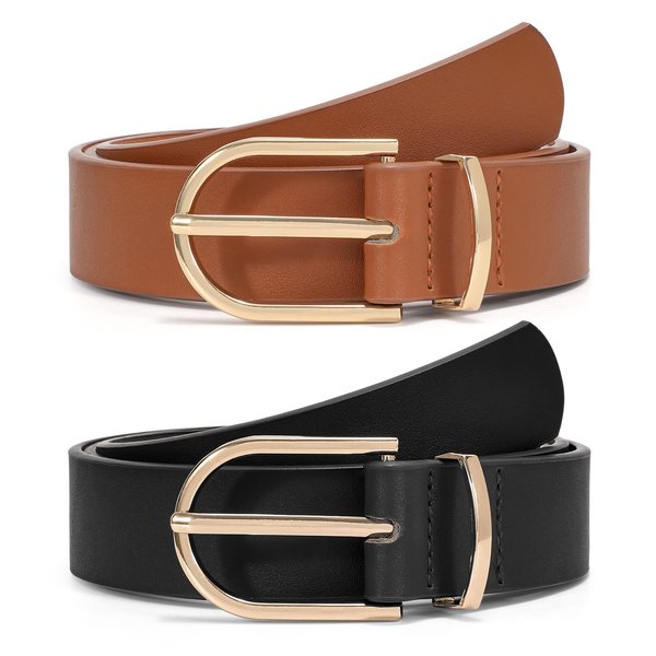 VONMELLI 2 Pack Women's Leather Belts for Jeans Pants Fashion Gold Buckle Ladies Dress Belt