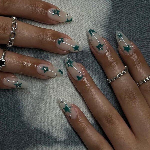 24 Pcs Long Press on Nails Almond Fake Nails Green Star False Nails with Rhinestone Designs Nude Pink Acrylic Nails Glue on Nails for Women Girls