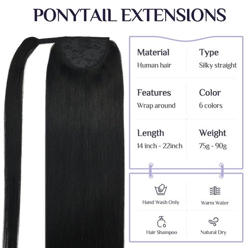 DOORES Ponytail Extension Human Hair clip in hair extensions Jet Black 14 Inch 75g Hair Extensions Clip in Human Hair Straight Wrap Around Ponytail Hair Piece with Magic Paste