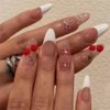 DOCVOEOMH Press on Nails Almond Shaped Short Medium Rhinestones French White Acrylic Fake Nails with Cherry Design Glue on Glossy Full Cover Artificial False Stick on Nail for Girl Women Wedding 24Pcs