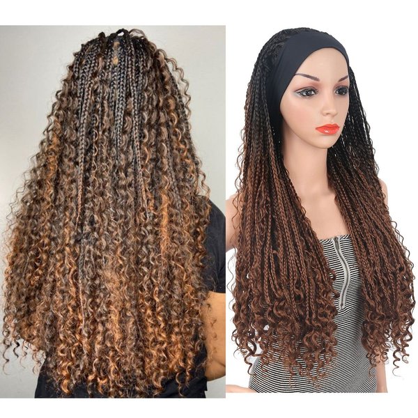 Aisaide Box Braided Headband Wigs for Black Women Ombre Brown Goddess Braids with Curly Box Braided Wigs Synthetic Twist Crochet Hair Wrap Wig with Headband Attached Cornrow Box Braid Wig
