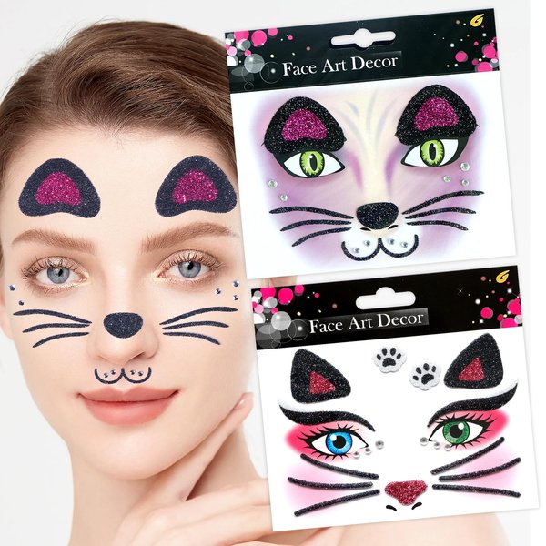 Cute Cat Face Sticker Cartoon Animal Face Gems Sticker Glitter Crystals Face Art Stickers Kid Face Eye Decoration for Makeup Face Sparkling Party Face Sticker 2Pcs
