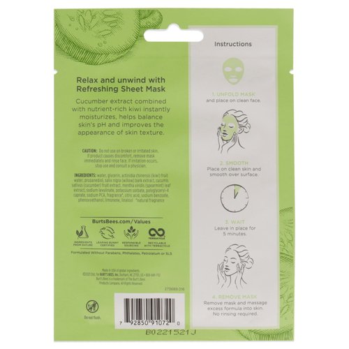 Burts Bees Refreshing Sheet Mask - Cucumber Unisex 1 Pc, (60192)