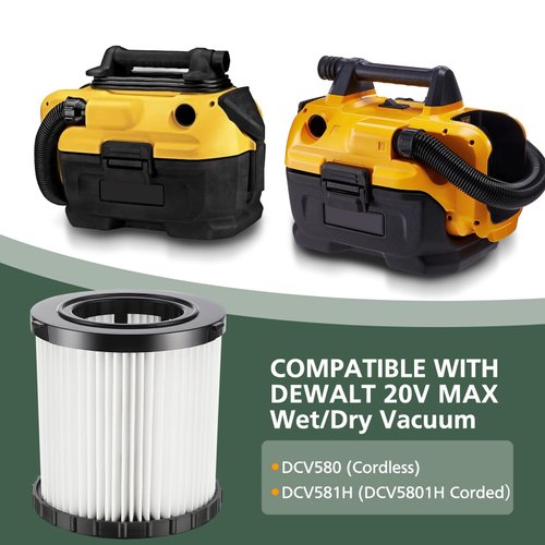 DCV580H DCV581H Vacuum Replacement Filter for DEWALT 20V MAX Wet/Dry VAC DCV580H (Cordless) DCV581H DCV5801H Portable Shop Vac Vacuum 2 Gallon Tank Capacity, Washable and Reusable Hepa Filter, 1 Pack