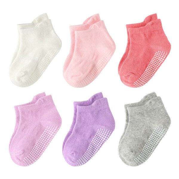 Dorobios Toddler Girl Socks Baby Non Slip Grip Ankle Cotton Socks with Grippers for Kids Boys 2-3T Colorful 6 Pairs Pink